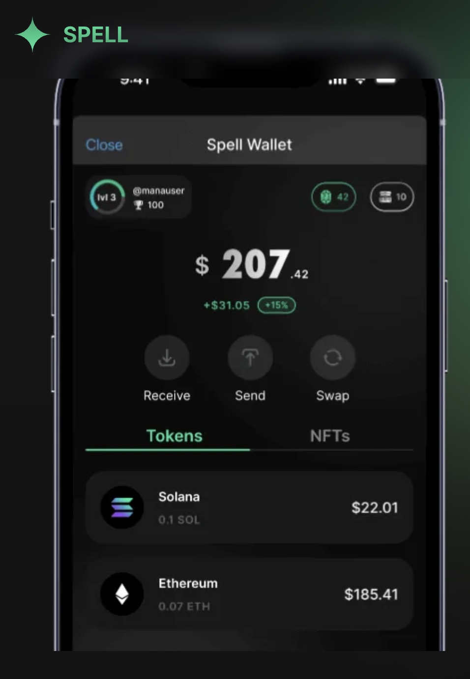 Spell Wallet app balance screen